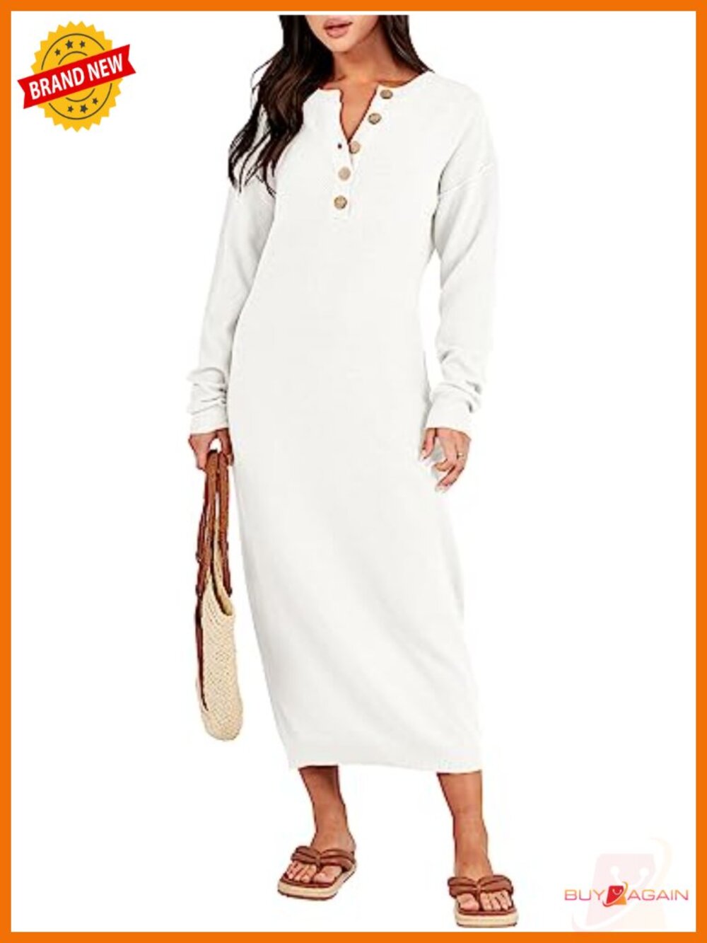 Waffle Knit Long Sleeve Midi Sweater Dress Button V-Neck Oversized